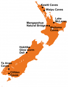 Kaart glimwormen Nieuw Zeeland